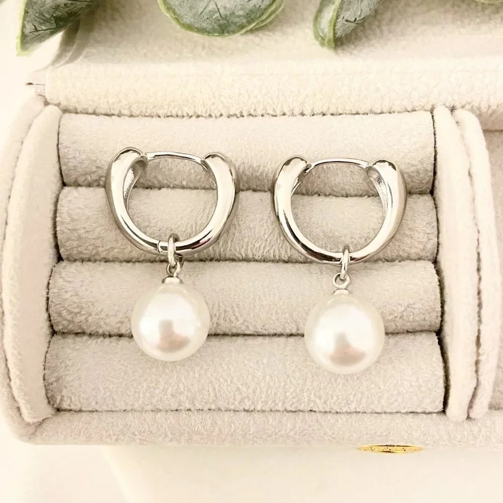 925 Sterling Silver Pearl Hoop Earrings Pearl Dangle Earrings